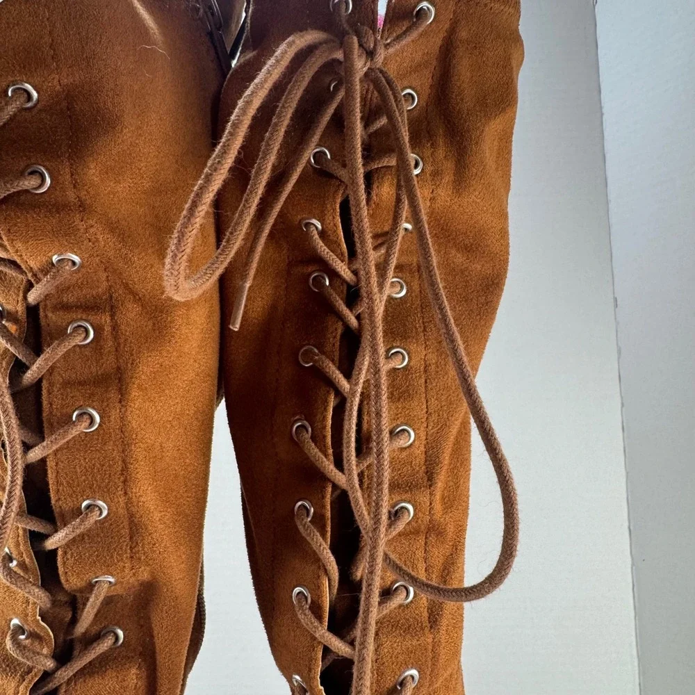 Torrid Women 9WW Cognac Brown Faux Suede Over The Knee Lace Up Wide Calf Boots